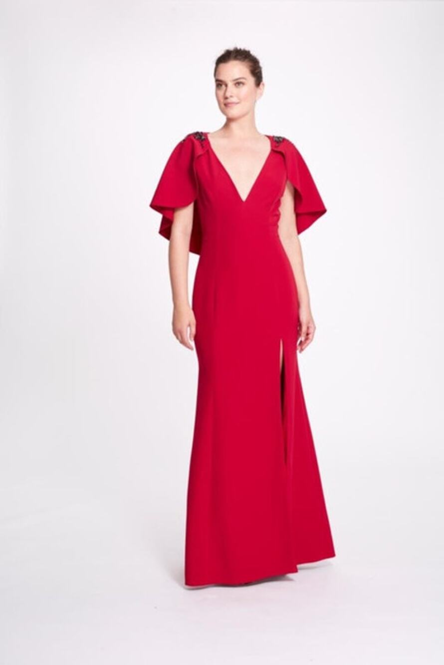 Marchesa Notte Red Embellished Cape V-Neck Slit Formal Maxi Gown Size 10
